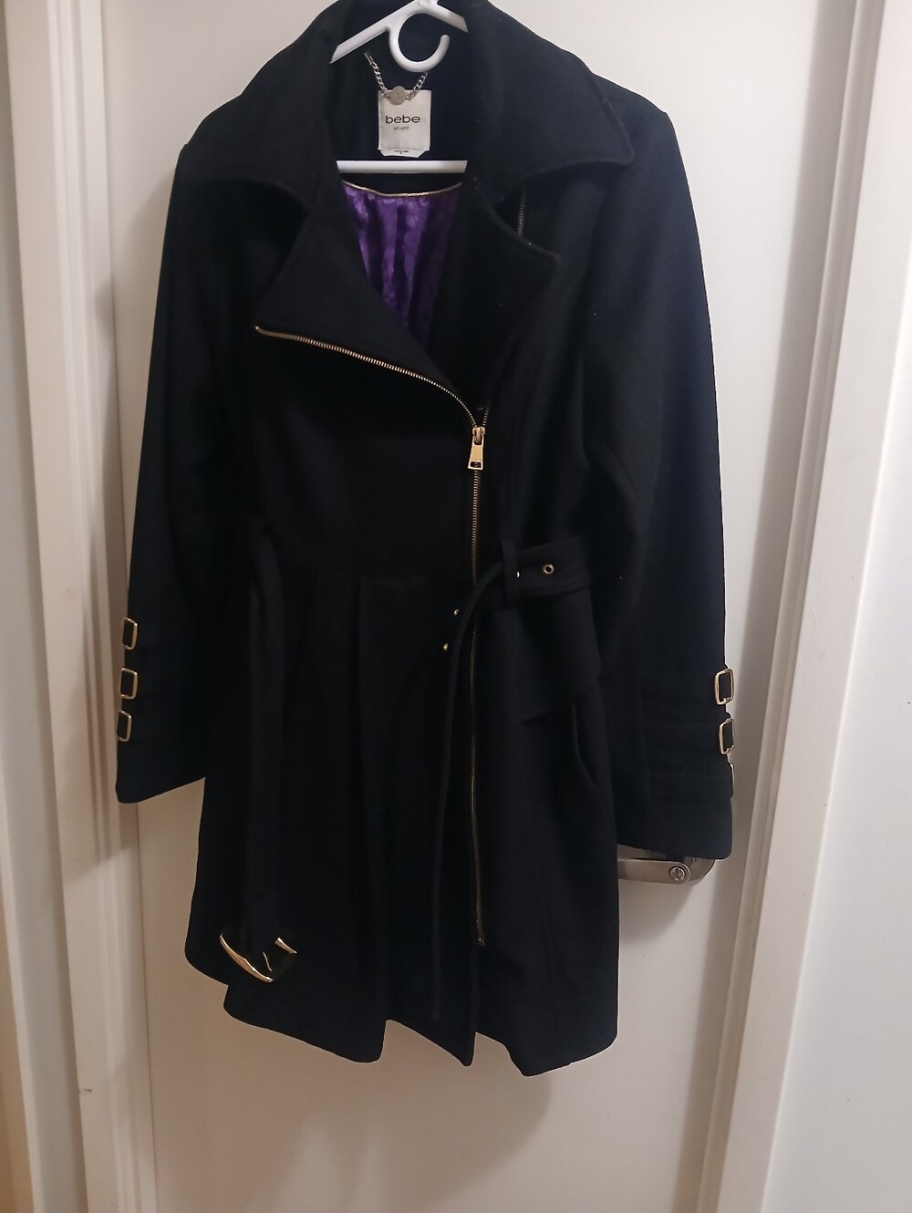 bebe Wool Black Trench Coat with Gold Hardware